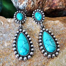 Stud Earrings Bohemia In For Women Fashion Trend Ancient Silver Luxurious Turquoise Creative Water Drop Shape Vintage Jewellery