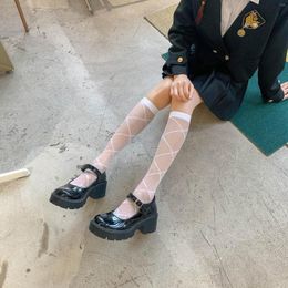 Women Socks Lolita Cross Strap Lace Jacquard Calf Japanese JK Bow Girl Middle Tube Kawaii Knee Harajuku