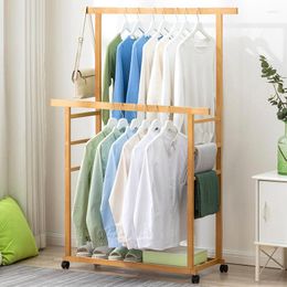 Clothing Storage Floor-Standing Coat Rack Movable Clothes Hanging Drying Hanger Racks Bamboo Shelf Living Room Furniture