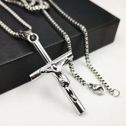 Pendant Necklaces Women And Mens Stainless Steel Necklace Crucifix Jesus Cross Box Chain Silver 24inch 2.4mm