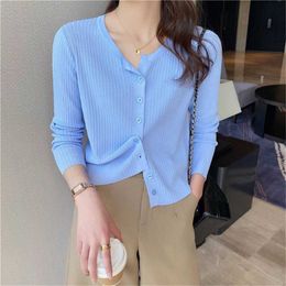 Women's Sweaters New Korean Short Sweater Knitted Sweater Jacket Vest Women Long Sleeves Vhals Green Blue Air Conditioning Thin Jacket Sweater J220915