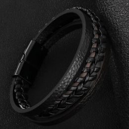 Black Multilayer Braided Magnetic Clasp Button Bracelet Bangle Cuff for Men Fashion Jewelry