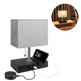 Table Lamps Lamp Decorative Desk Modern Bedside With 2 USB Ports Linen Lampshade For Bedroom Nightstand Living Room