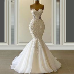 Exquisite Perlen-Schatz-Abendkleider, Blumenapplikationen, Meerjungfrau-Brautkleid, Stickerei, Organza, Vestido De Novia 326 326