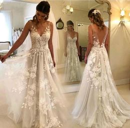 FLowy A Line Tulle Wedding Dress 2022 V Neck Backless Bridal Gown Custom Made
