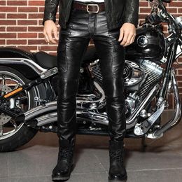Men's Pants Mens Fashion Leather Punk Trousers Skinny Genuine Joggers For Men Zipper Straight Plus Size