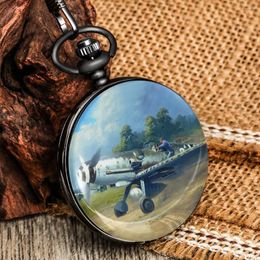 Pocket Watches Men's Watch Cartoons World War II Aircraft Pattern White Quartz Big Dial Smooth Black Cover Necklace Souvenir Small Clock