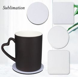 Sublimation Blanks PU Drinking Cups Mats Round Water Tumblers Coasters Non Slip Thermal Heat Transfer Printing White Leather Coaster Bottom Protection Mat