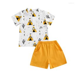 Clothing Sets Kid Boy Short Pants Outfits Cactus Pyramid Printed Sleeve Tops Elastic Waist Solid Color Shorts Set