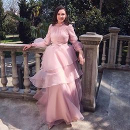 Princess Pink Organza Evening Dresses for Women High Collar Long Sleeves Formal Wear Tiered A Line Evening Gowns Party Special Occasion Graduation Dress Custom Made