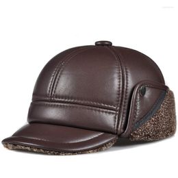 Berets Genuine Winter Men Fur Hats Male Ear Protection Thick Warm Leather Bomber Cap With Tab Middle-aged Black/Brown Dome Fitted Gorra