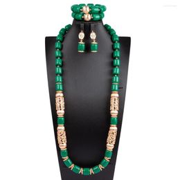 Necklace Earrings Set Fashion Green Nigerian Beads African Jewelry Copper Gold Wedding CNR668