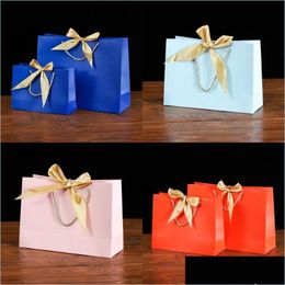 Gift Wrap Bow Square Bottomed Packaging Bag Pure Colour Silk Braid Paper Handbags Gifts Package Ceremony Party Shop Exquisite Colorf Dh3Wp