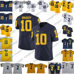 NCAA Michigan Wolverines #10 Tom Brady Jersey #2 Charles Woodson Shea Patterson 2019 New College Football Navy Blue White Yellow