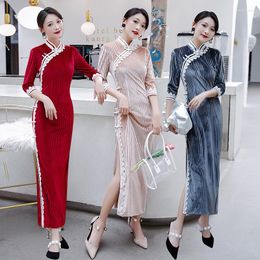 Ethnic Clothing Elegant Velour Slim Fork Ladies Qipao Dress Vintage Mandarin Collar Chinese Traditional Women Long Party Cheongsam 4XL
