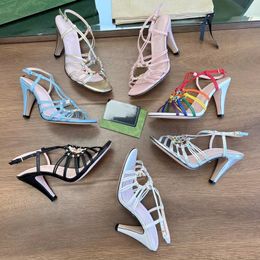 2022 designer luxury rhinestone Super high heels sandals G family classic womens Leather Casual shoes sexy stiletto heels Hollow open toe round head sandal size 35-40