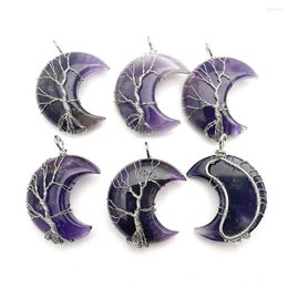 Pendant Necklaces Natural Amethyst Silver Colour Wire Wrap Handmade Tree Of Life Moon Shape Stone Pendants For Jewellery Wholesale 6pcs