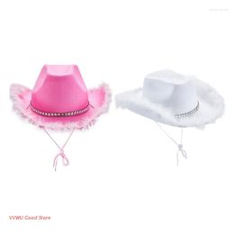 Berets Women Party Costume Warped Wide Brim W/ Sequin Decoration Tiara Cowgirl Hat