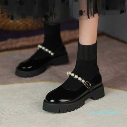 Boots Two kinds of tube high Mary Jane socks boots Autumn and winter 2022 pearl fly weave elastic thin boots round head thick medium heel short