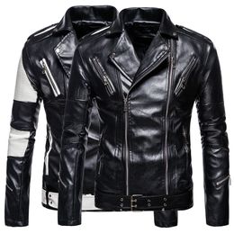 Men's PU Leather Jacket Male Motorcycle Winter Lapel Punk Coats Autumn Faux Moto Biker Racing Colorblock Outerwear