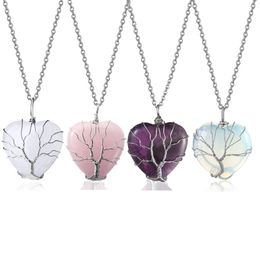 Natural Crystal Pendant Necklace Tree of Life Heart Necklace Fashion Accessories Christmas Gift With Chain