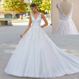 Exquisite White A-Line Sleeveless V-Neck Wedding Dress Backless Princess Tulle Robes 2022 New Custom Made Real Image