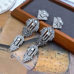 Backs Earrings Long Rhinestone Clip Statement Crystal Geometry Drop Pendant Jewelry For Women
