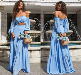 Sexy A Line Light Blue Chiffon Bridesmaid Dresses Long Sleeves Off Shoulder Sweetheart Floor Length Backless Wedding Guest Party Gowns For Nigerian Weddings