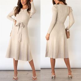 Casual Dresses Elegant Round Neck Umbrella Midi Dress 2022 Autumn Winter Women Knitted Sweater Belt Long Sleeve Bodycon Hepburn