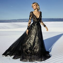 Black A Line Wedding Dresses 2023 Simple Sexy V Neck Lace Appliqued Long Sleeves Tulle Bridal Gowns Robe De Mariage