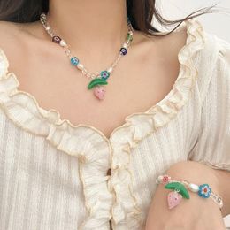 Choker Korean Trendy Coloured Glaze Flower Strawberry Necklace For Women Elegant Freshwater Pearl Summer 2022 Jewelr