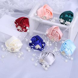 Decorative Flowers European Style Groom Man Suit Lapel Pin Ribbon Rhinestone Men's Corsage Wedding Business Party Costume Props XH056