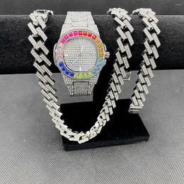 Chains 3PCS Mens Hip Hop Jewelry Set Iced Out Watch Necklace Bracelet Bling Diamond Miama Cuban Women Gold Watches Couple