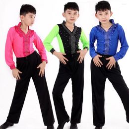 Stage Wear Boys Blue Green Latin Salsa Dancing Costumes Kids Ballroom Performance Party Dance Tops Pants Vestido De Baile Latino