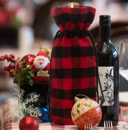 Christmas Plaid Wine Bottle Bags Drawstring Red Plaid Wine Bottles Cover Gift Bag Festive Decoration Packing