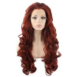 26" Long Burgundy Red Wig Heavy Density Heat Friendly Fibre Front Lace Synthetic Hair Wig