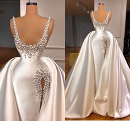 Glamorous Mermaid Pearls Women Wedding Dress with Detachable Train Scoop Beaded Split Bridal Gowns Custom Made Vintage Vestido de Novia 2023