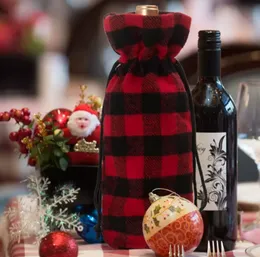 Weihnachtskarierte Weinflaschentaschen mit Kordelzug, rot kariertes Wein- und Champagnerflaschen-Cover, festliche Geschenktüten-Dekoration