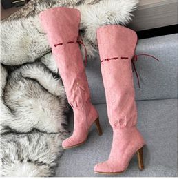 Knee Boots for Spring Autumn New Women's Knee High Boot Cowhide Printed Drawstring Metal Zipper Genuine Leather Sole Shoes asdadsadasasdawd