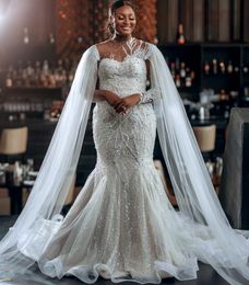 Luxury Mermaid Beading Wedding Dress with Wrap For Black Girls Sweetheart Illusion Sleeves Bridal Gowns Custom Made Vestido de Novia 2023