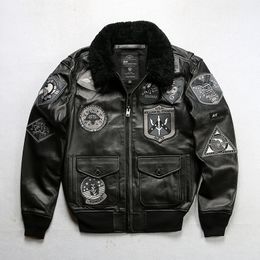 G-1 Leather Bomber Jacket Multiple Embroidery Top Gun patches Sheepskin leather black AVIREX flight suit lamb shearling collar