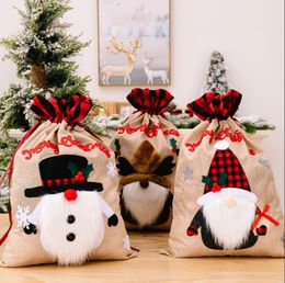 DHL Antlers Snowman Gnome Dolls Embroidery Christmas Candy Gift Bag Burlap Linen Buffalo Plaid Christmas Drawstring Sack FY5514 P1125