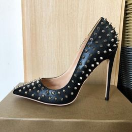 Silver Spikes Women Shoes Red Bottoms Designer Black Cuir Matte Leather Sexy Stiletto High Heels Ladies Wild Party Club Thin Heel Shoes 8cm 10cm 12cm Full Rivets Boots
