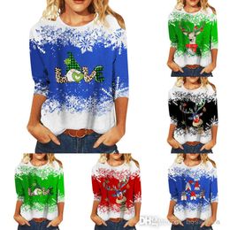 Ladies Round Neck Tops Medium Sleeve 2023 New Christmas Print Contrast Ladies Casual T-Shirt