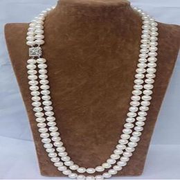 Beautiful CHARMING NATURAL 2 ROW 9-10MM WHITE AKOYA SOUTH SEA PEARL NECKLACE 23INCH 24INCH