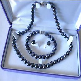 8-9mm Real Black Akoya Pearl Bracelet Necklace Earrings Set