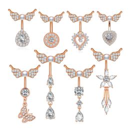 14G Wing Zircon Belly Button Rings Pearl Body Piercing Jewellery 316L Stainless Steel Navel Ring