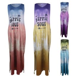 Casual Dresses Women Boho V Neck Sleeveless Gradient Colour HIPPIE SOUL Pockets Long Loose Dress Letters Print Slitting Hem