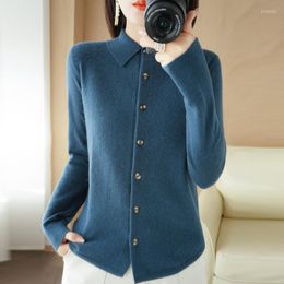 Women's Knits Spring And Autumn POLO Collar Knit Shirt With Loose Long Sleeve Sweater Non-Cashmere Cardigan Temperament Lapel Coat Base