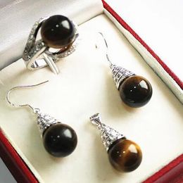 beautiful new jewelry silver plated 12mm tiger eye jade Necklace pendanz earring ring set